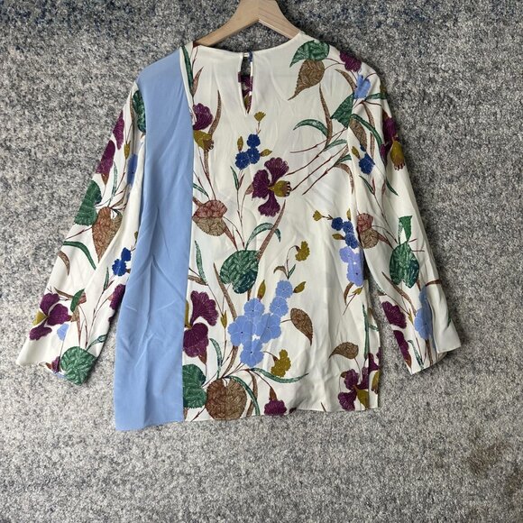 Diane von Furstenberg Blouse Womens 8 Cream Blue Floral Colorblock Long Sleeve - Picture 7 of 7